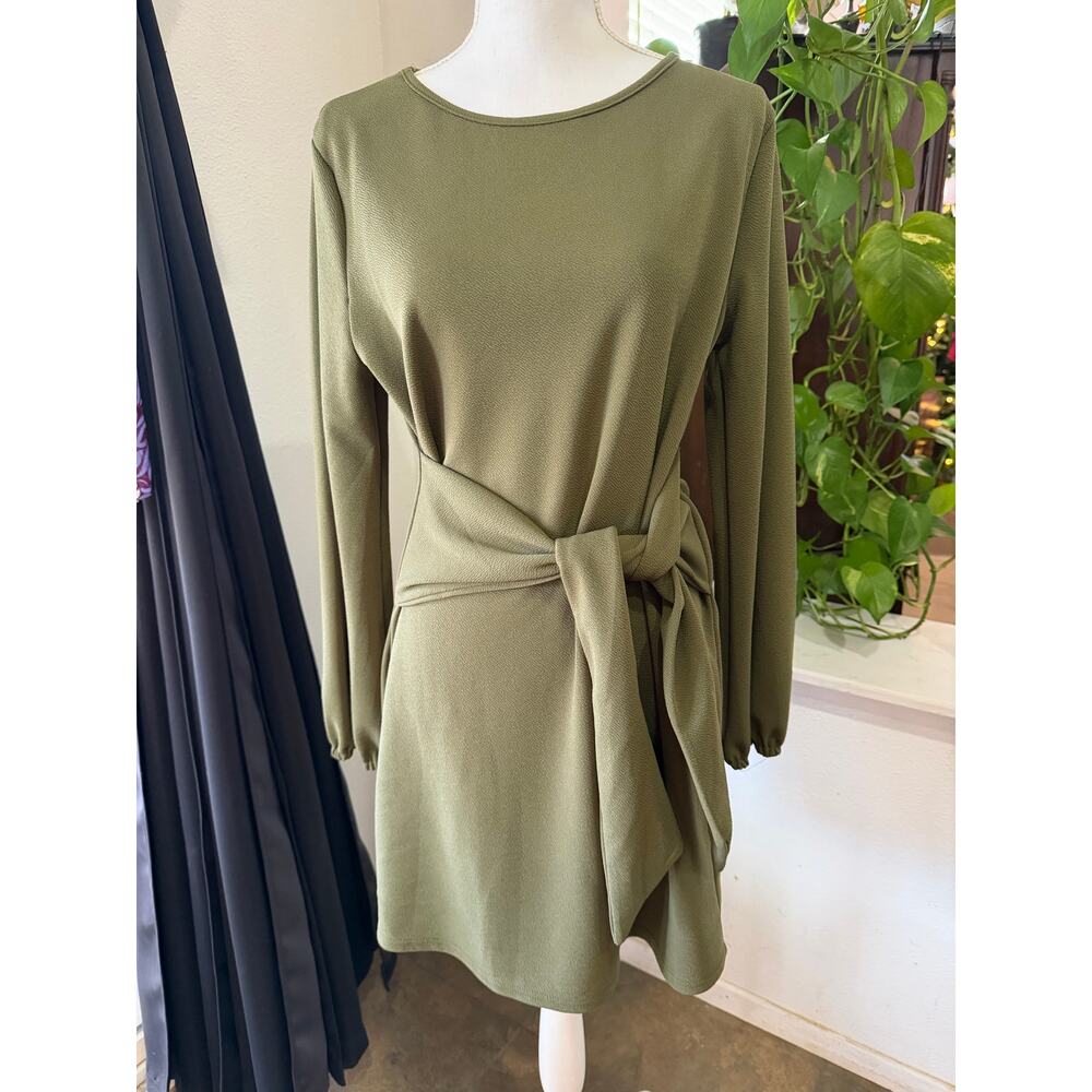 PrettyGarden Olive Green Long Sleeve Tie-Waist Dress – Size M (NWT)